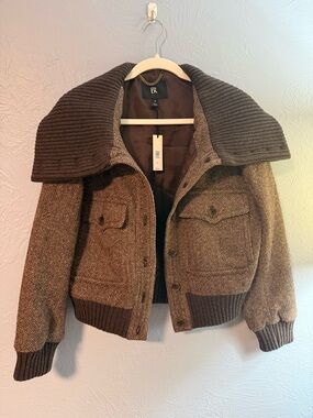 NWT Banana Republic Brown Herringbone Bomber Jacket with Ribbed Collar